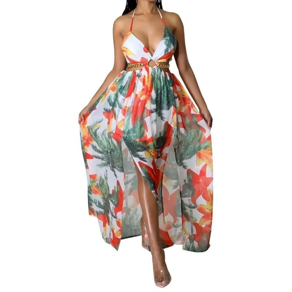 Women's Boho Floral Print Chain Decor Split Thigh Tie Back CamiDress Maxi Sz XL